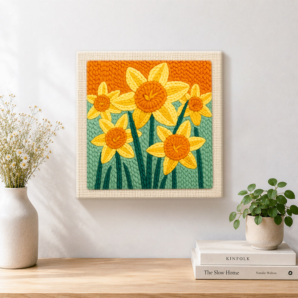 Finished cheerful yellow daffodils artwork displayed on a wall