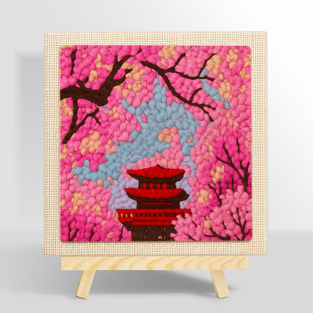 Cherry blossom and red pagoda punch needle kit for beginners