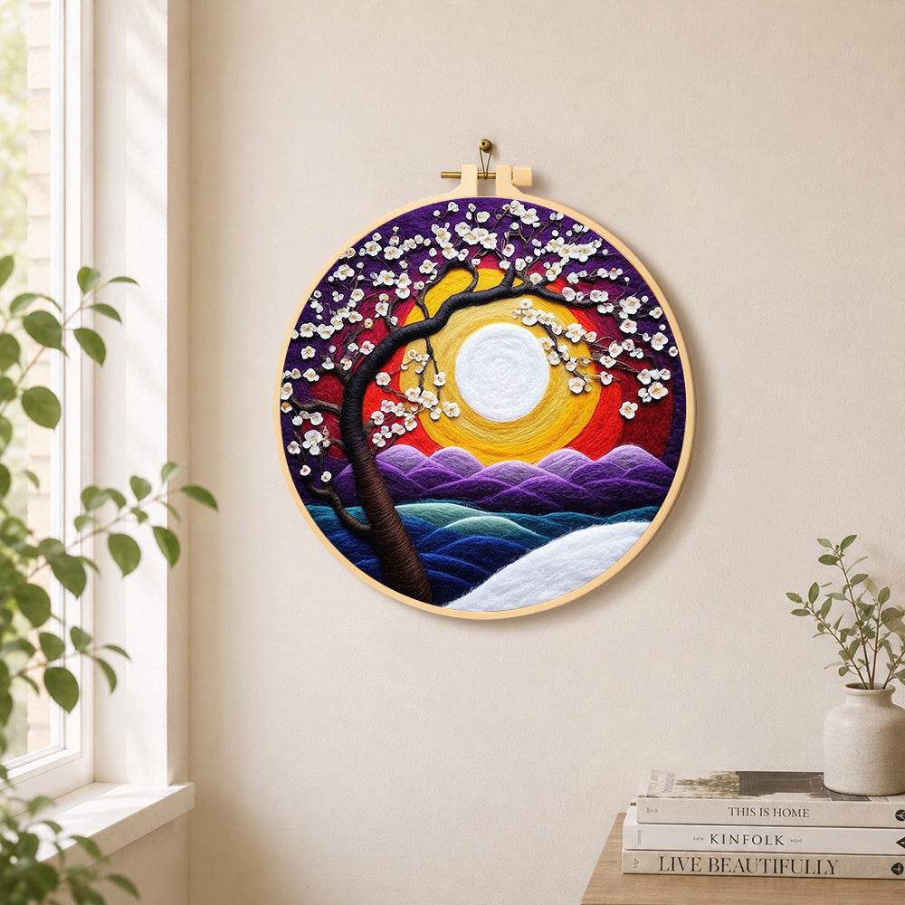 Cherry tree at sunset needle felt wall art displayed in a bright home interior
