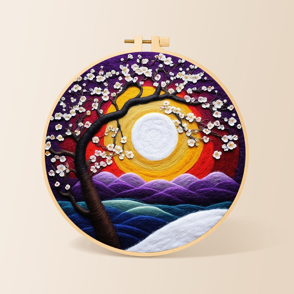 Cherry tree at sunset needle felting kit for beginners with a round wooden frame