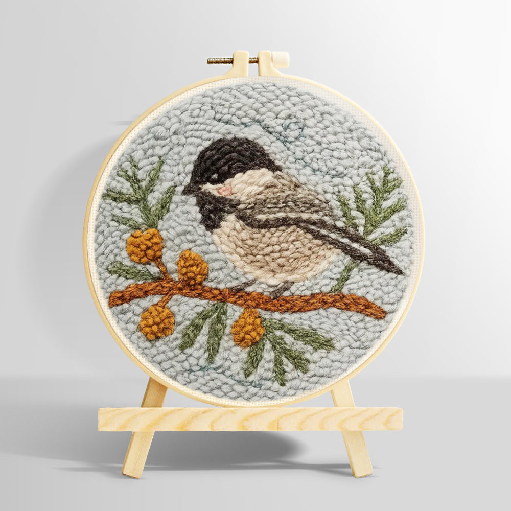 Chickadee on berry branch punch needle kit for beginners