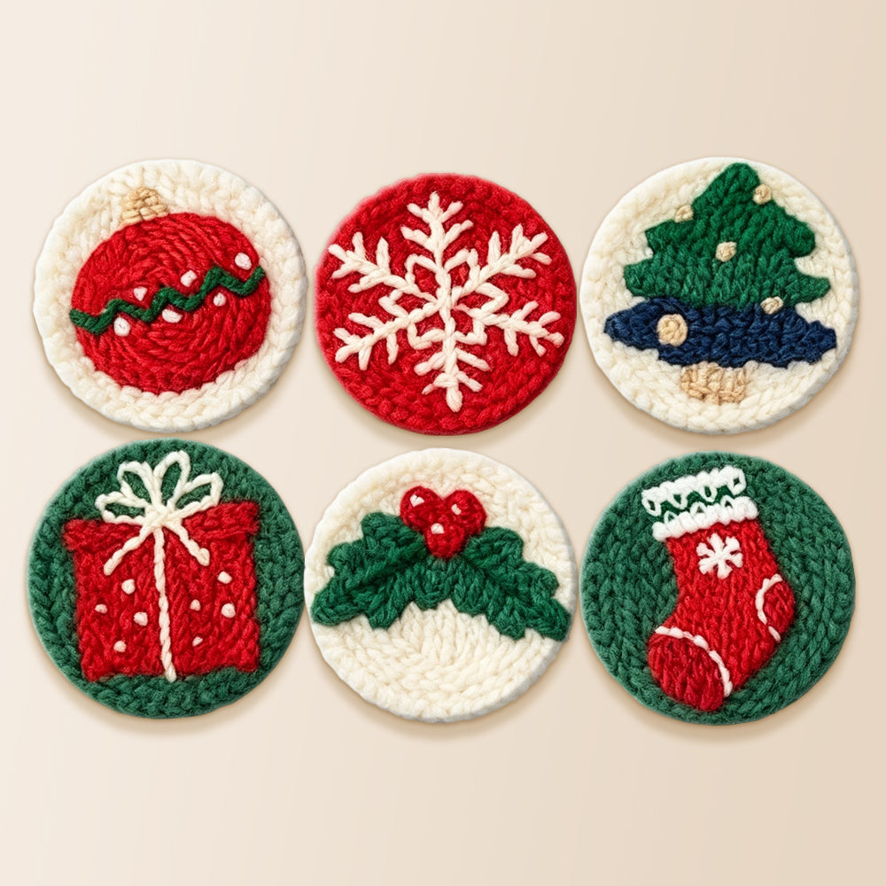 Christmas bauble, holly and snowflake punch needle coaster kit finished handmade coasters