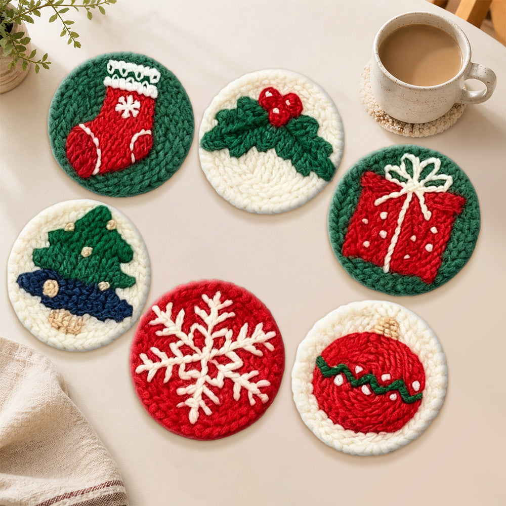 Christmas bauble, holly and snowflake punch needle coasters used for home decoration
