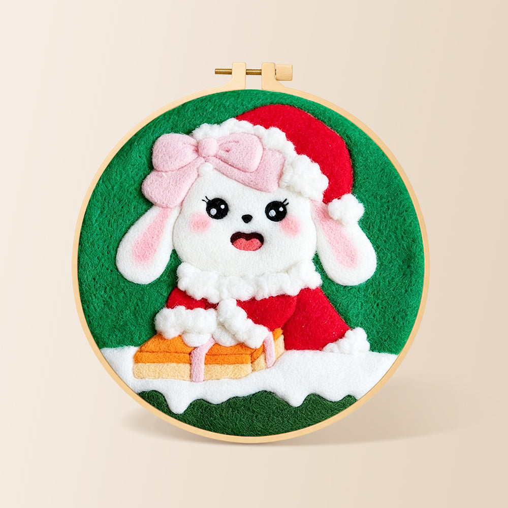Christmas bunny with gift needle felting kit for beginners with a round wooden frame