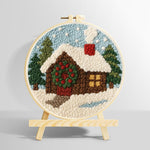 Christmas cabin with wreath and smoke punch needle kit for beginners