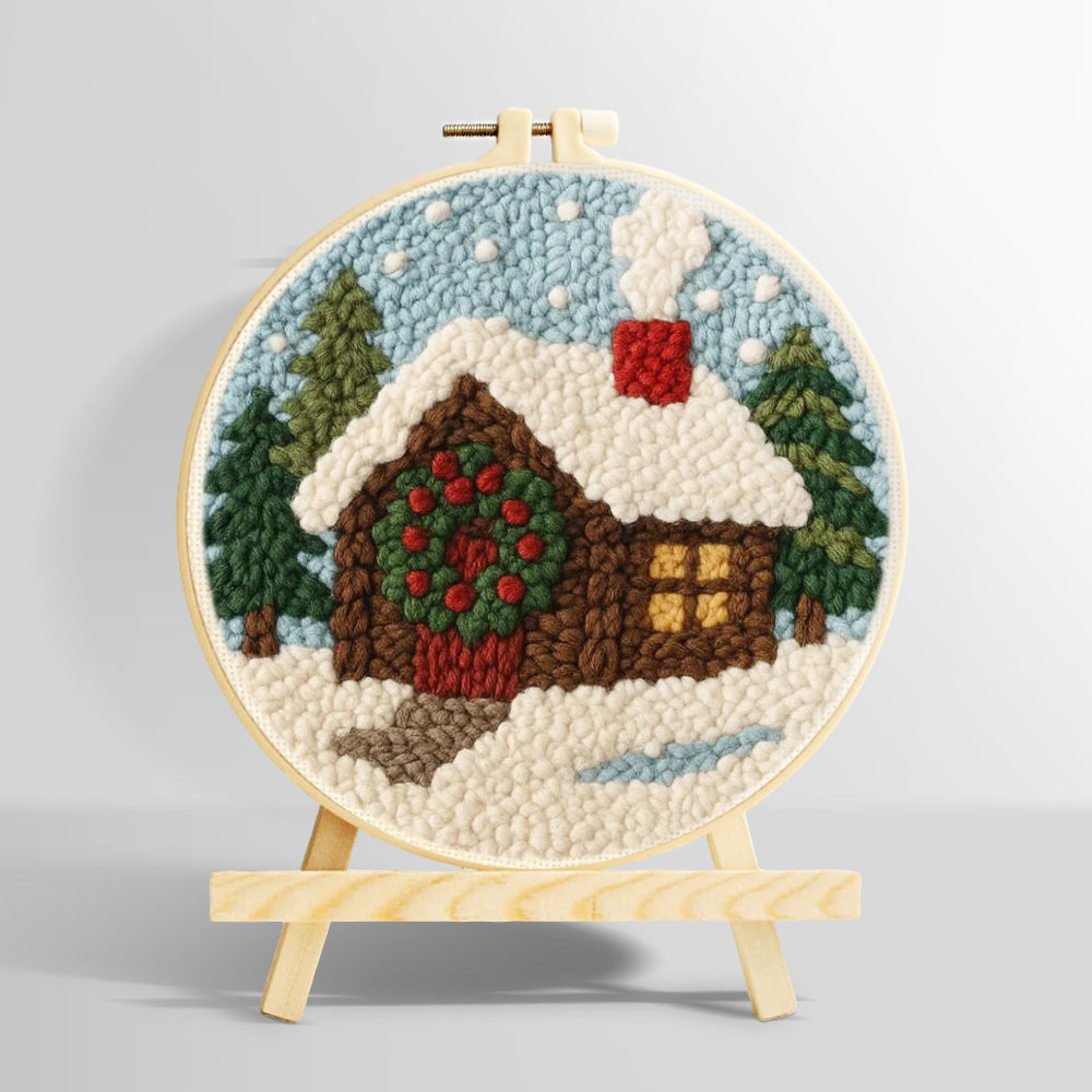 Christmas cabin with wreath and smoke punch needle kit for beginners
