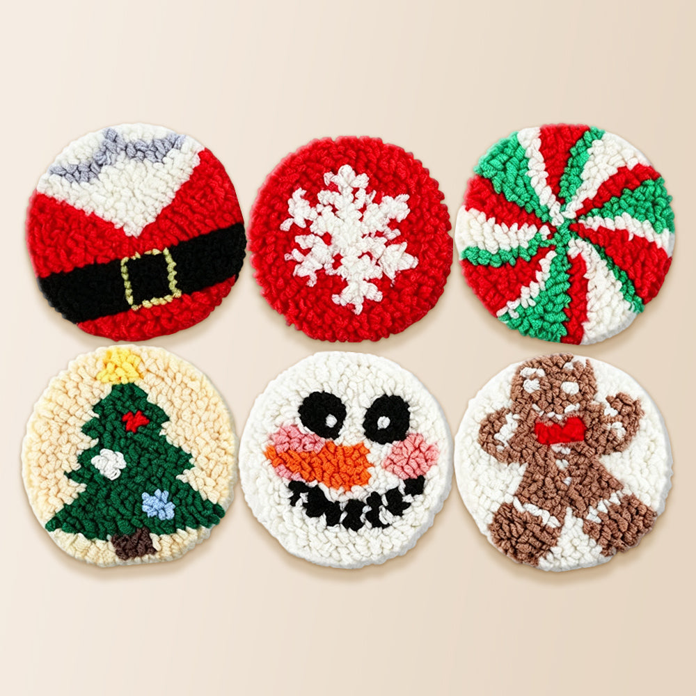 Christmas gingerbread and snowman punch needle coaster kit finished handmade coasters