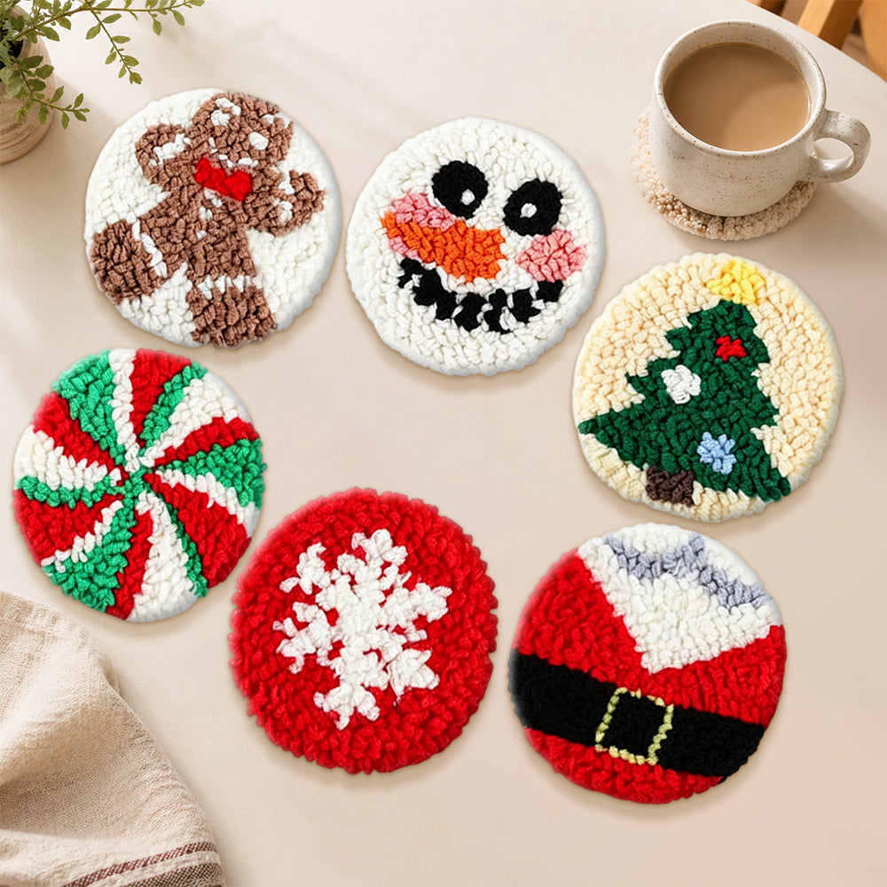 Christmas gingerbread and snowman punch needle coasters used for home decoration