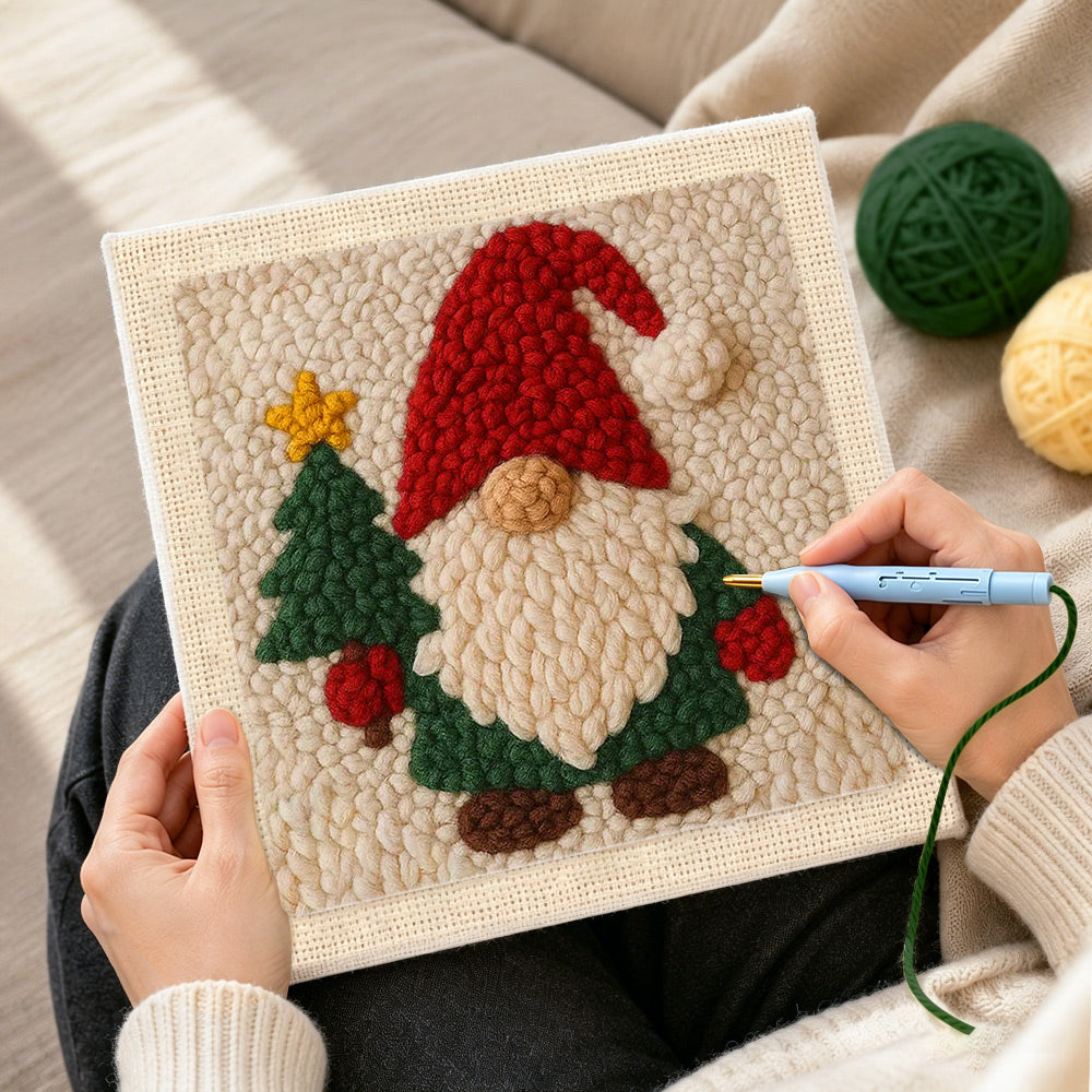 Creating handmade christmas gnome and tree punch needle artwork