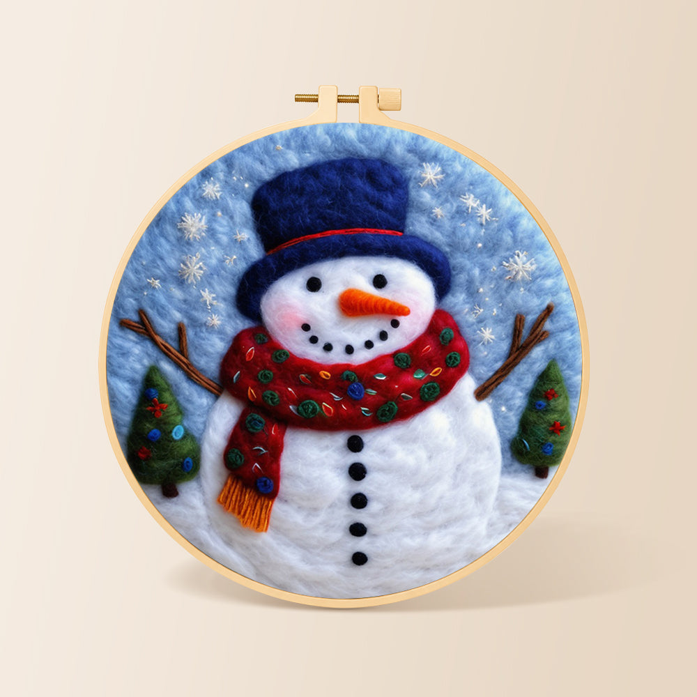 Christmas snowman with blue top hat needle felting kit for beginners with a round wooden frame
