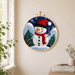 Christmas snowman with red scarf needle felt wall art displayed in a bright home interior