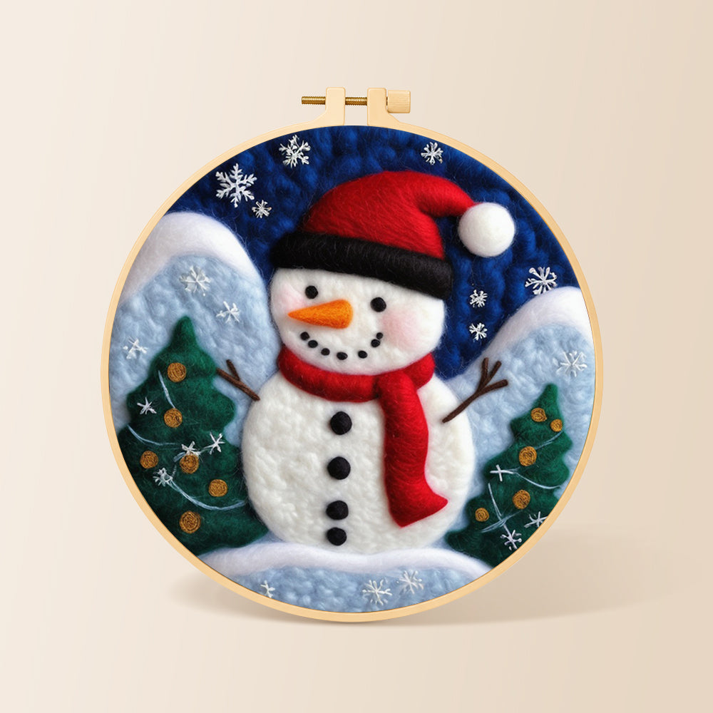 Christmas snowman with red scarf needle felting kit for beginners with a round wooden frame
