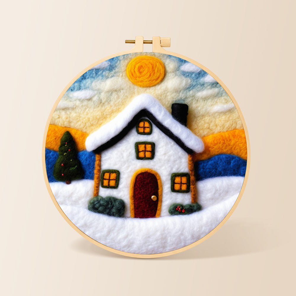 Christmas snowy cottage needle felting kit for beginners with a round wooden frame