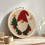Christmas Tree Gnome punch needle artwork displayed on a table
