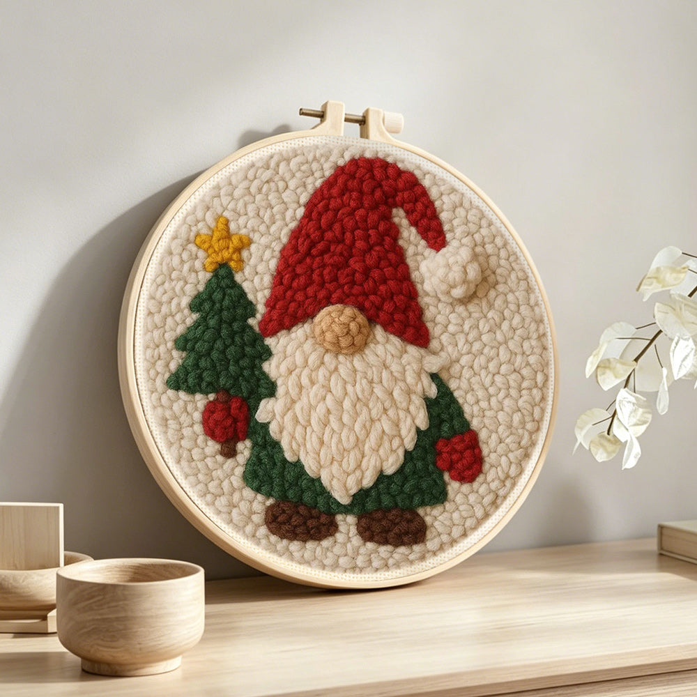 Christmas Tree Gnome punch needle artwork displayed on a table