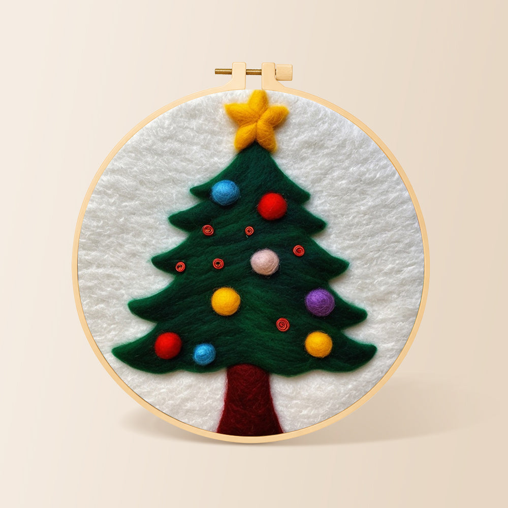 Christmas tree with colourful baubles needle felting kit for beginners with a round wooden frame