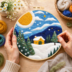 Creating the christmas trees and a yellow cottage wool painting by hand with a felting needle