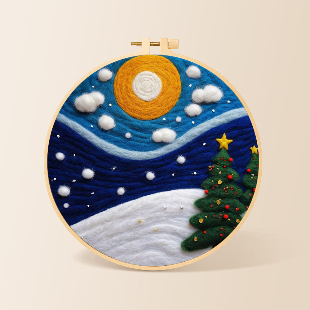 Christmas trees under the moon needle felting kit for beginners with a round wooden frame