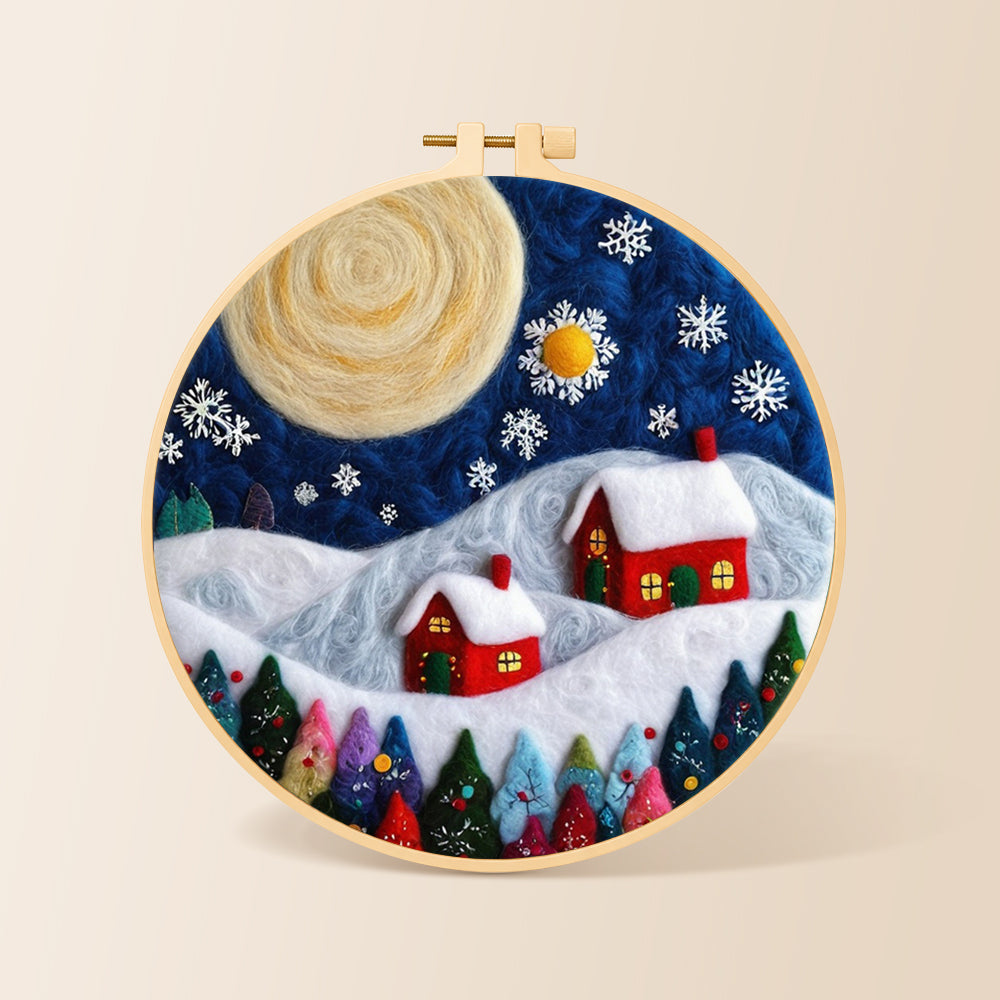 Christmas village with big moon needle felting kit for beginners with a round wooden frame