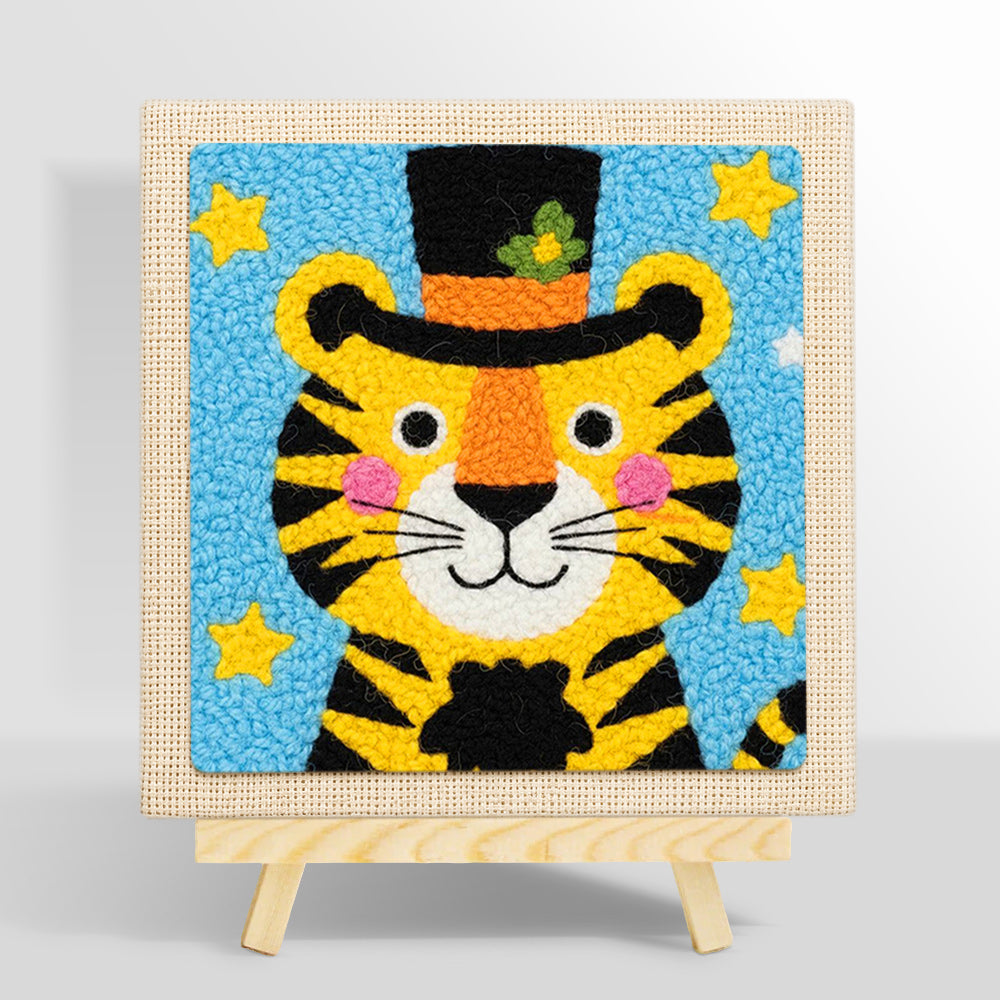 Circus tiger with stars and hat punch needle kit for beginners