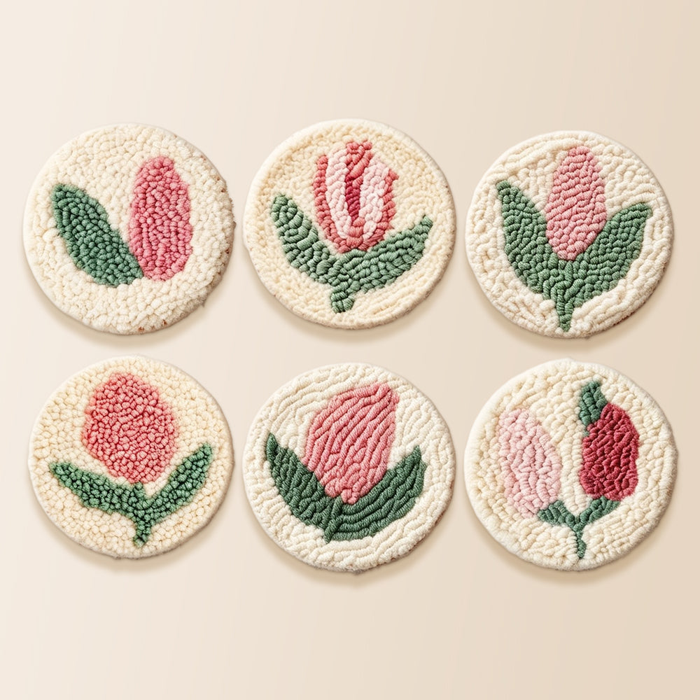 Classic pink tulip punch needle coaster kit finished handmade coasters
