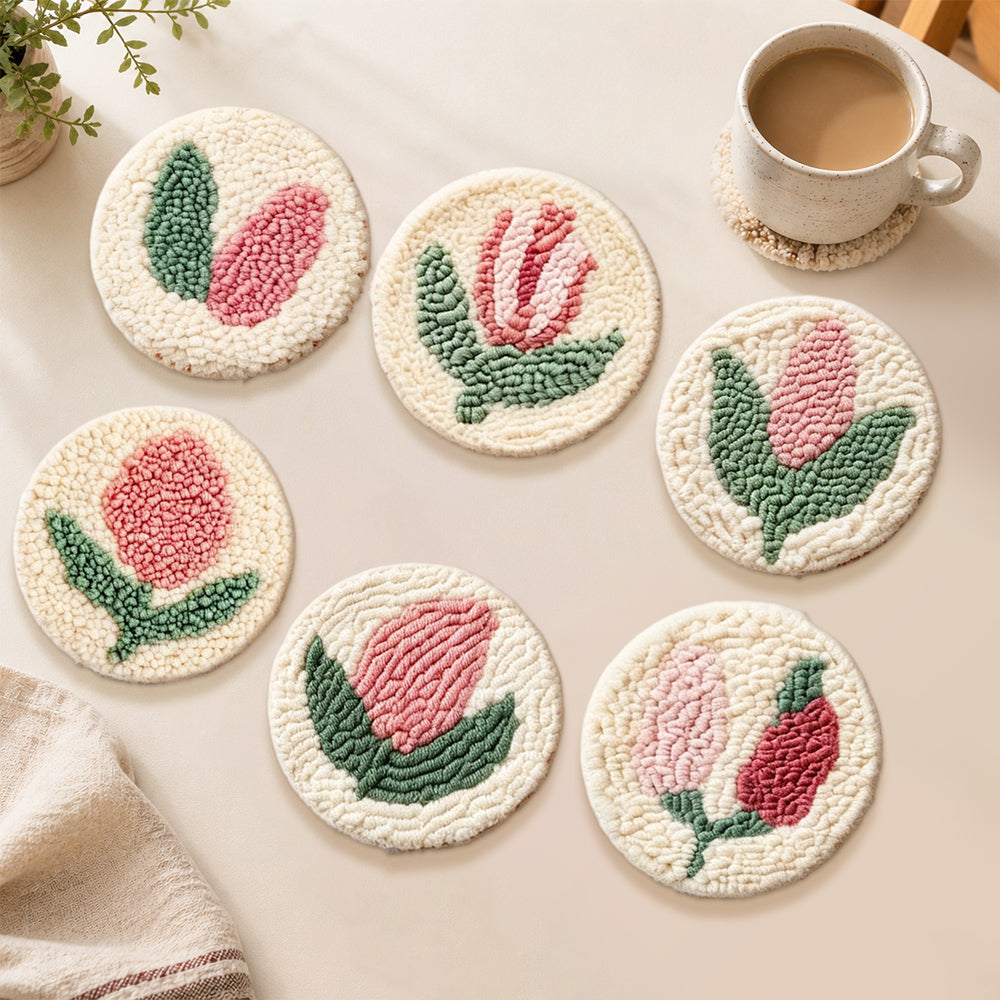 Classic pink tulip punch needle coasters used for home decoration