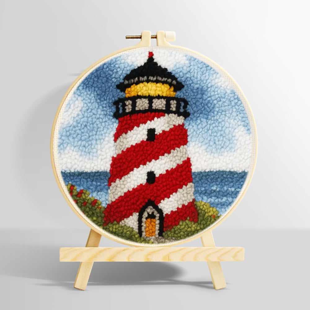 Classic red and white striped lighthouse punch needle kit for beginners