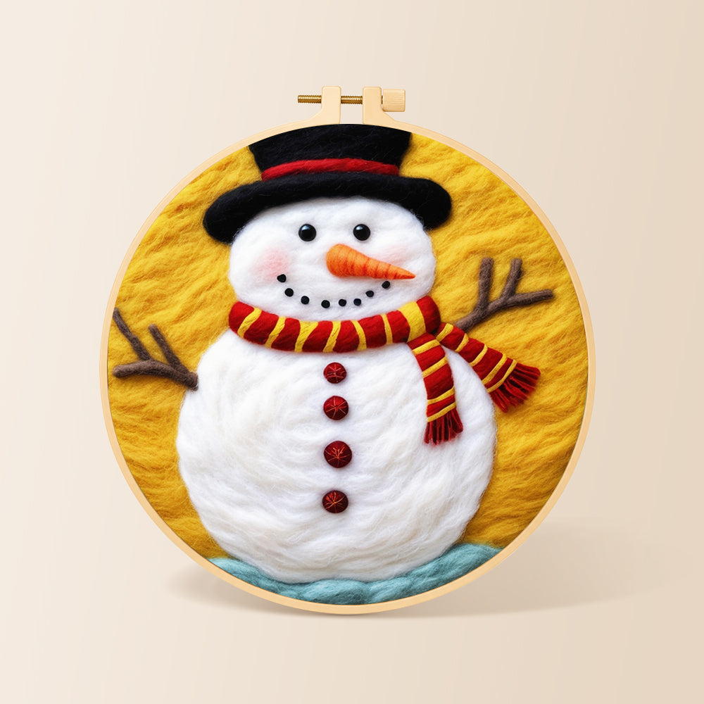 Classic red and yellow striped scarf snowman needle felting kit for beginners with a round wooden frame