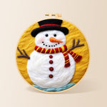 Classic red and yellow striped scarf snowman needle felting kit for beginners with a round wooden frame