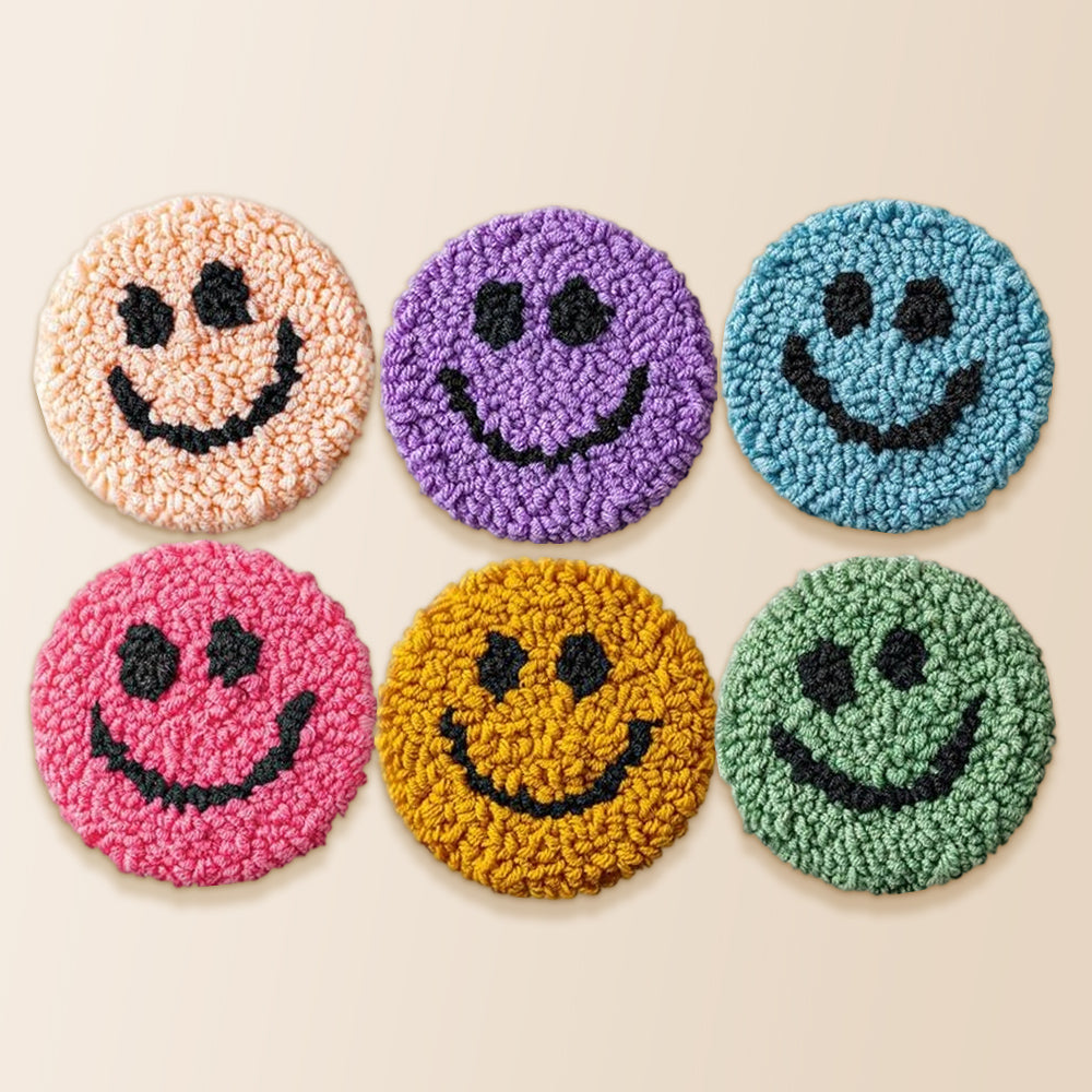 Classic smiley face punch needle coaster kit finished handmade coasters