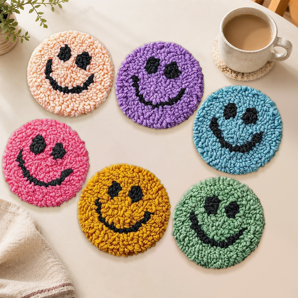 Classic smiley face punch needle coasters used for home decoration