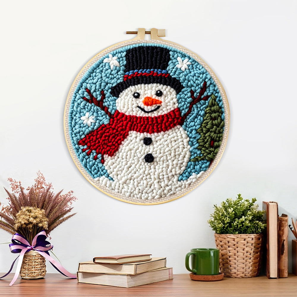 Finished classic snowman with red scarf artwork displayed on a wall