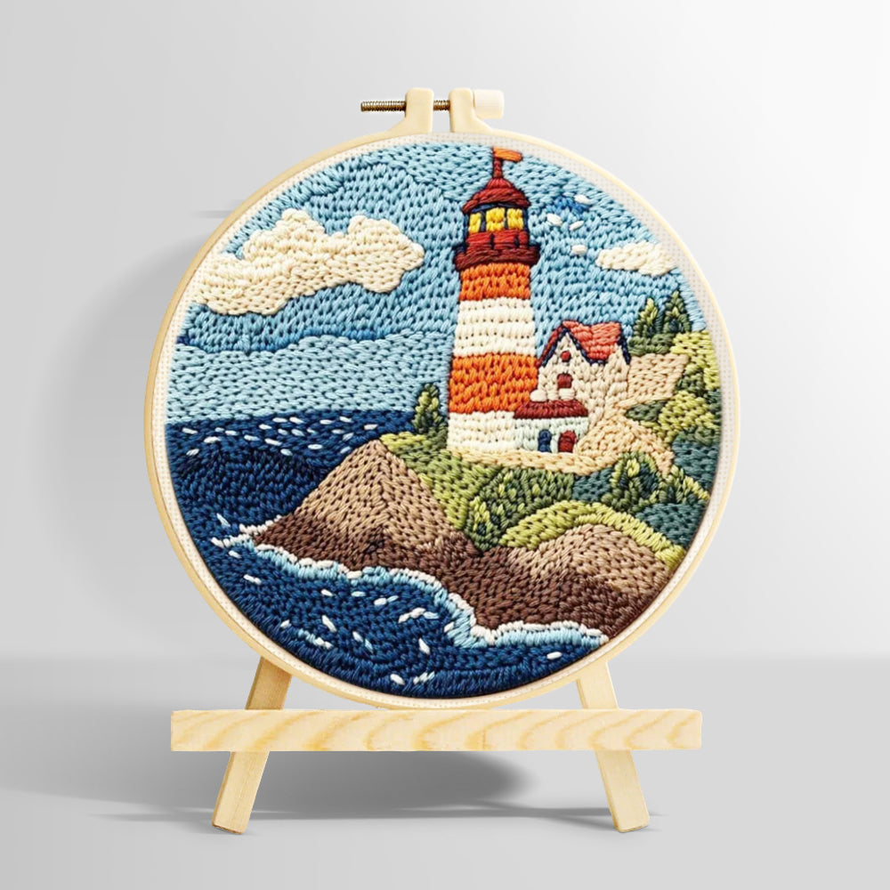 Coastal lighthouse and crashing waves punch needle kit for beginners