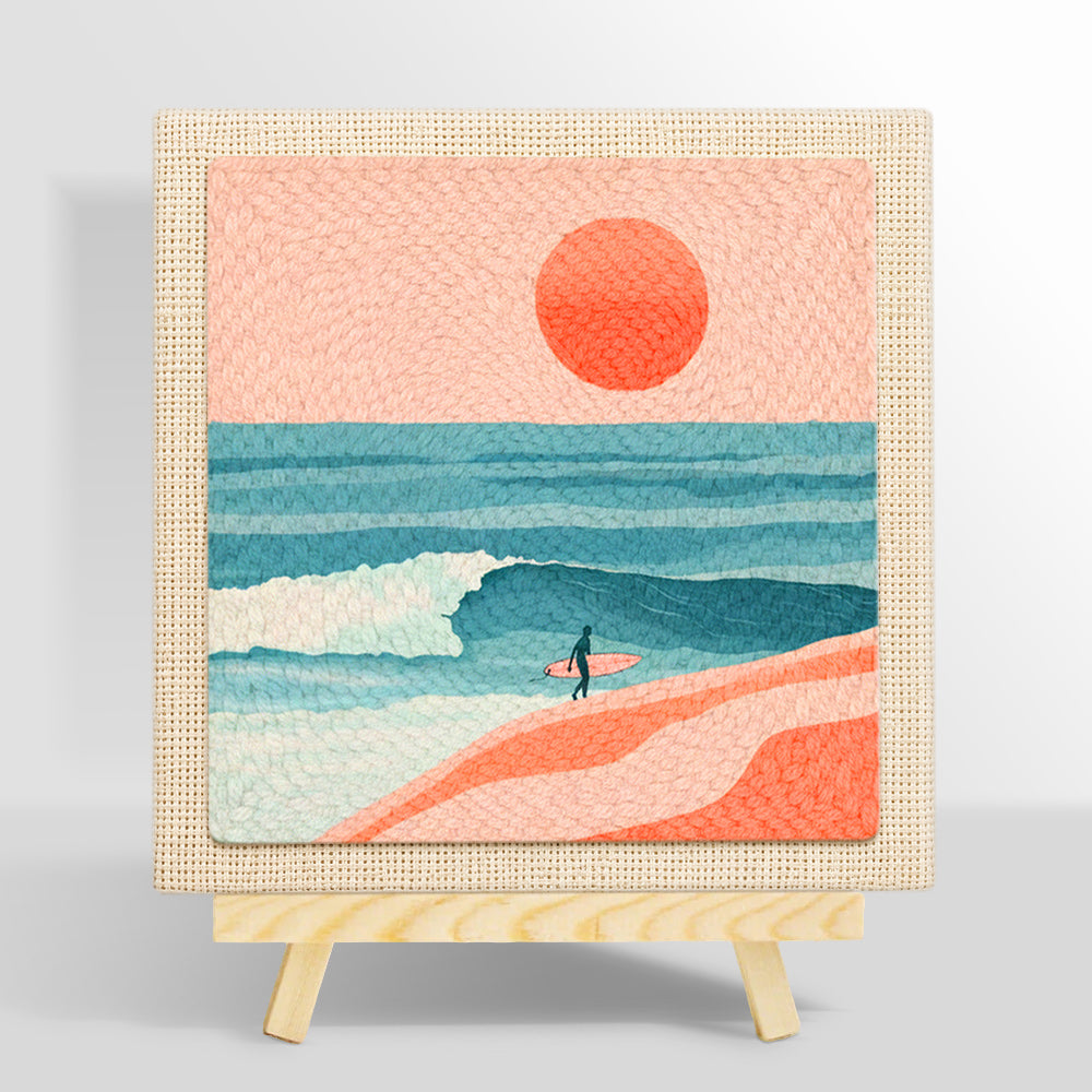 Coastal surfer and peach sunset scene punch needle kit for beginners