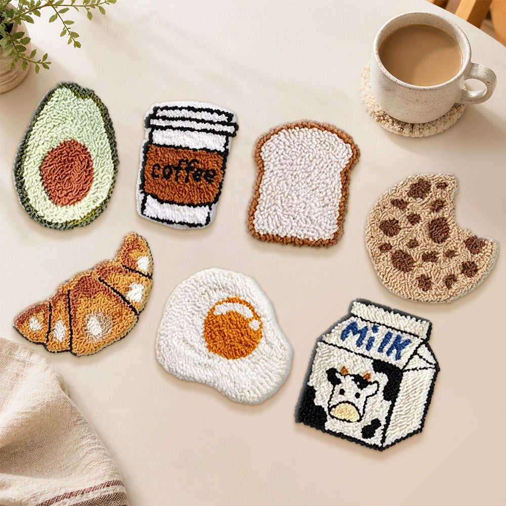 Coffee, croissant and toast punch needle coasters used for home decoration
