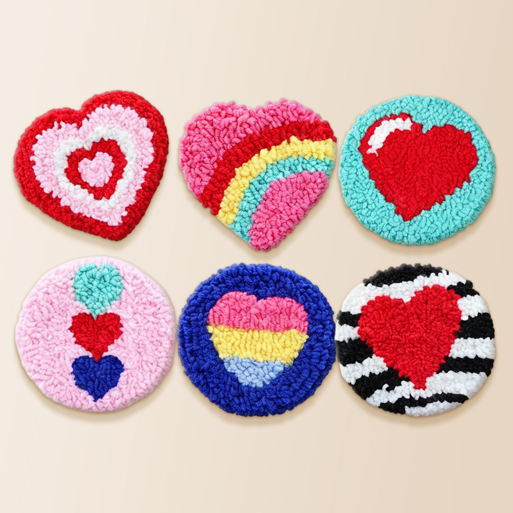 Colourful and romantic heart punch needle coaster kit finished handmade coasters