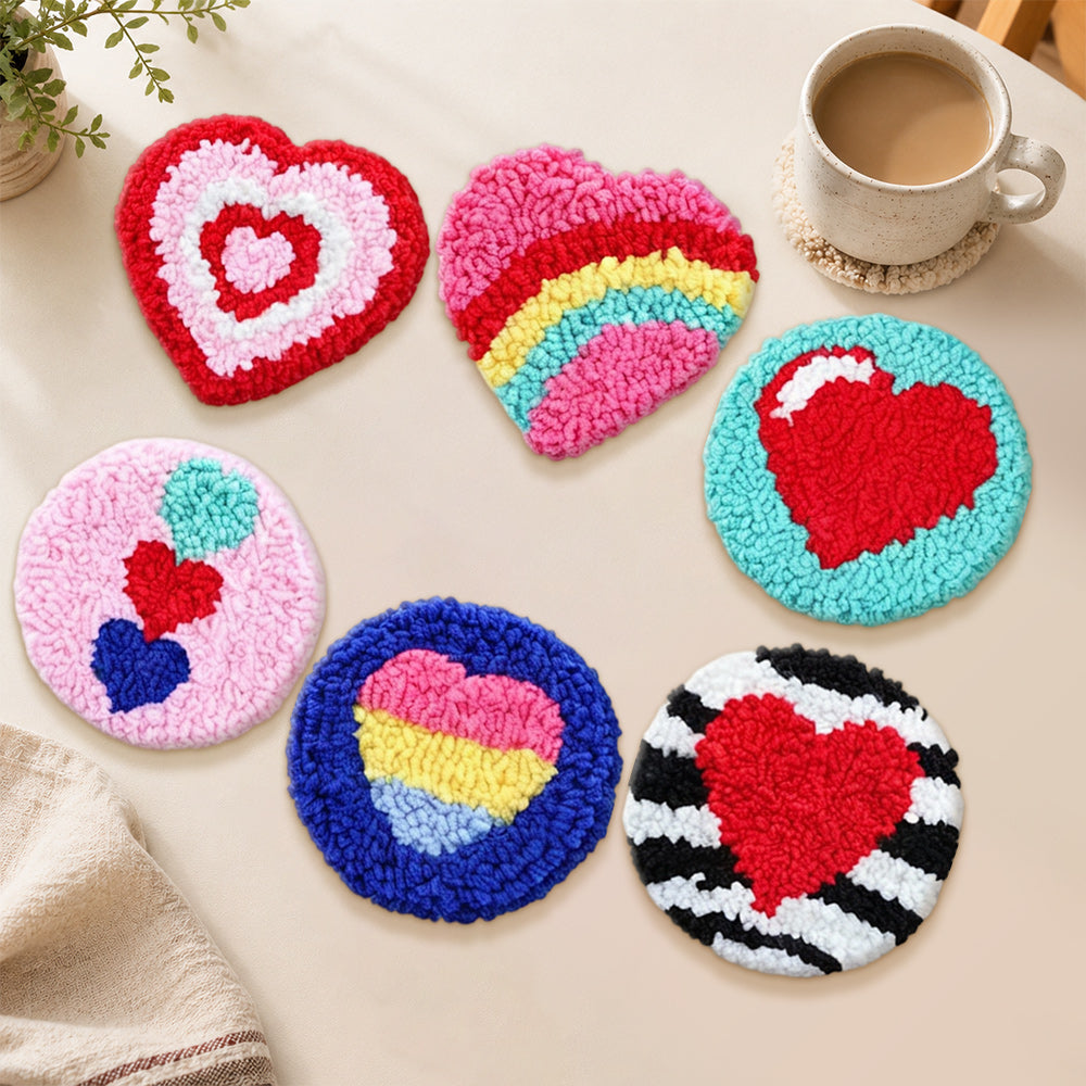 Colourful and romantic heart punch needle coasters used for home decoration