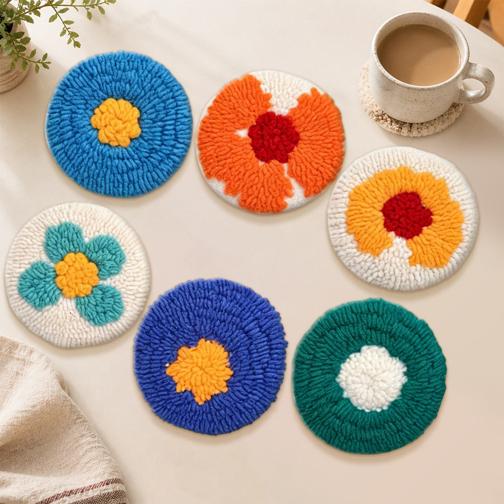 Colourful and simple flowers punch needle coasters used for home decoration