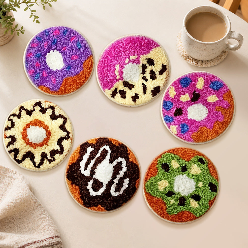 Colourful and sweet donut punch needle coasters used for home decoration