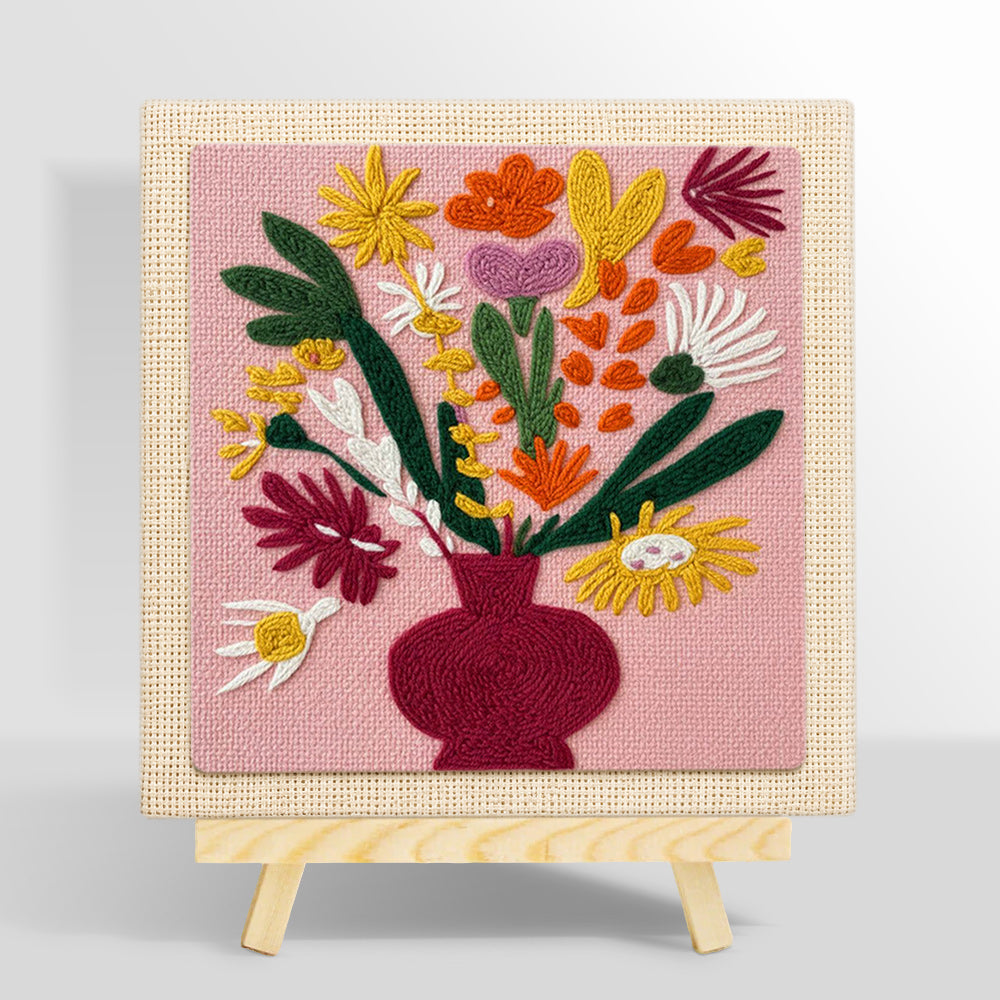 Colourful bouquet in burgundy vase punch needle kit for beginners