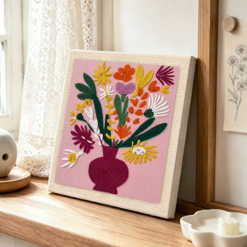Colourful bouquet in burgundy vase punch needle artwork displayed on a table