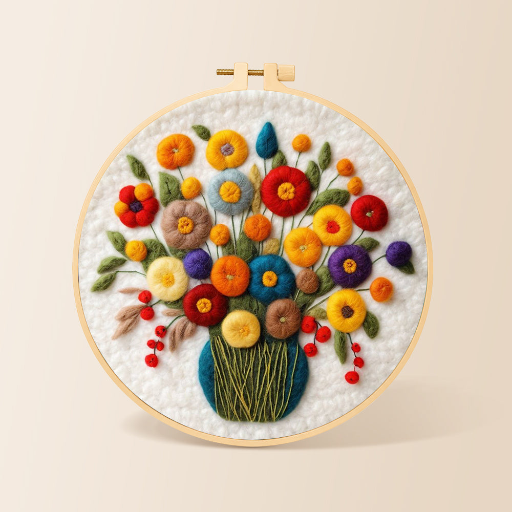 Colourful bouquet with berries needle felting kit for beginners with a round wooden frame