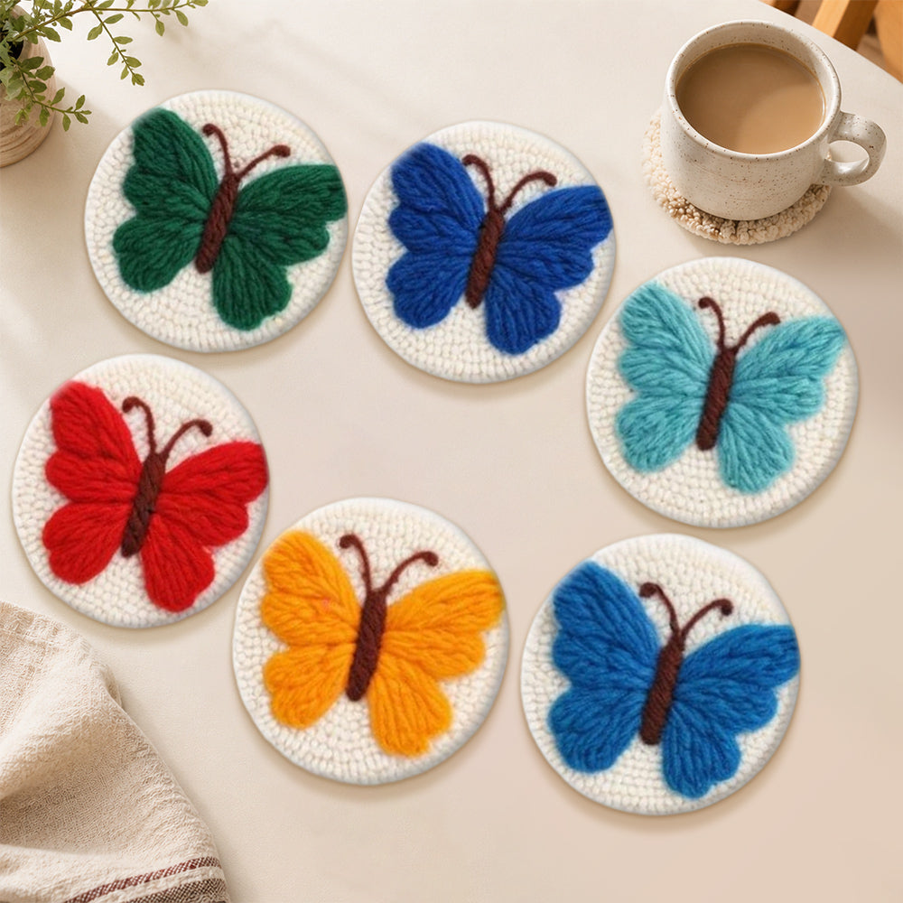 Colourful butterflies punch needle coasters used for home decoration