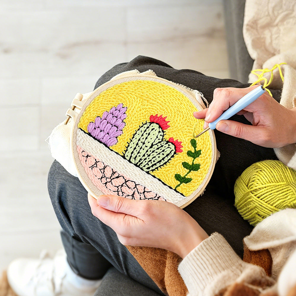 Creating handmade colourful cacti garden punch needle artwork