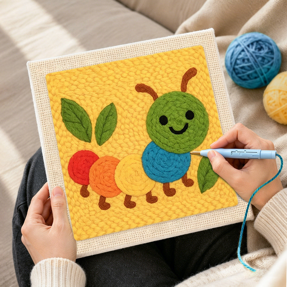 Creating handmade colourful caterpillar punch needle artwork