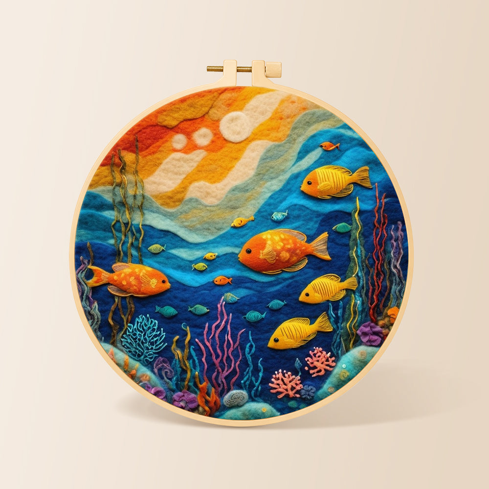 Colourful deep-sea fish needle felting kit for beginners with a round wooden frame