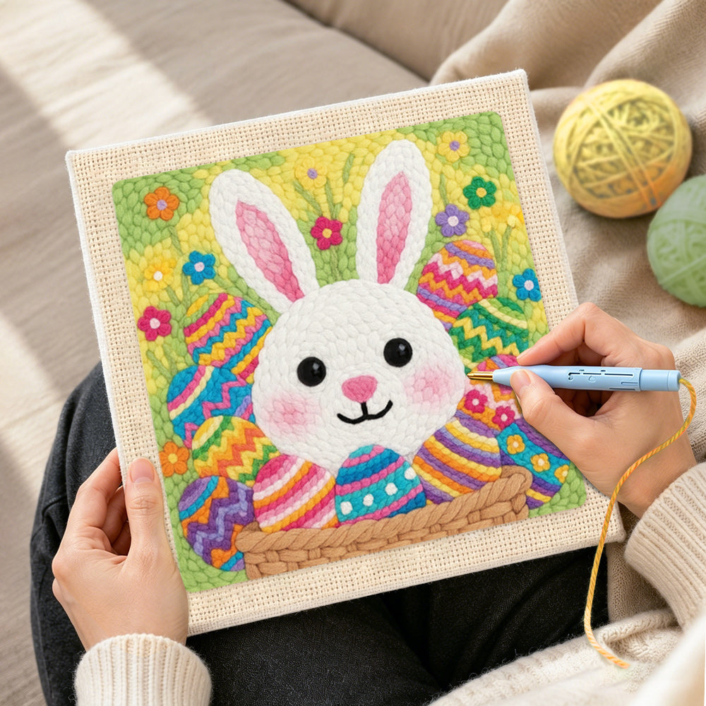Creating handmade colourful easter egg bunny punch needle artwork