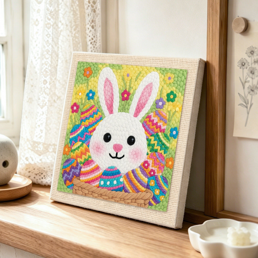 Colourful easter egg bunny punch needle artwork displayed on a table