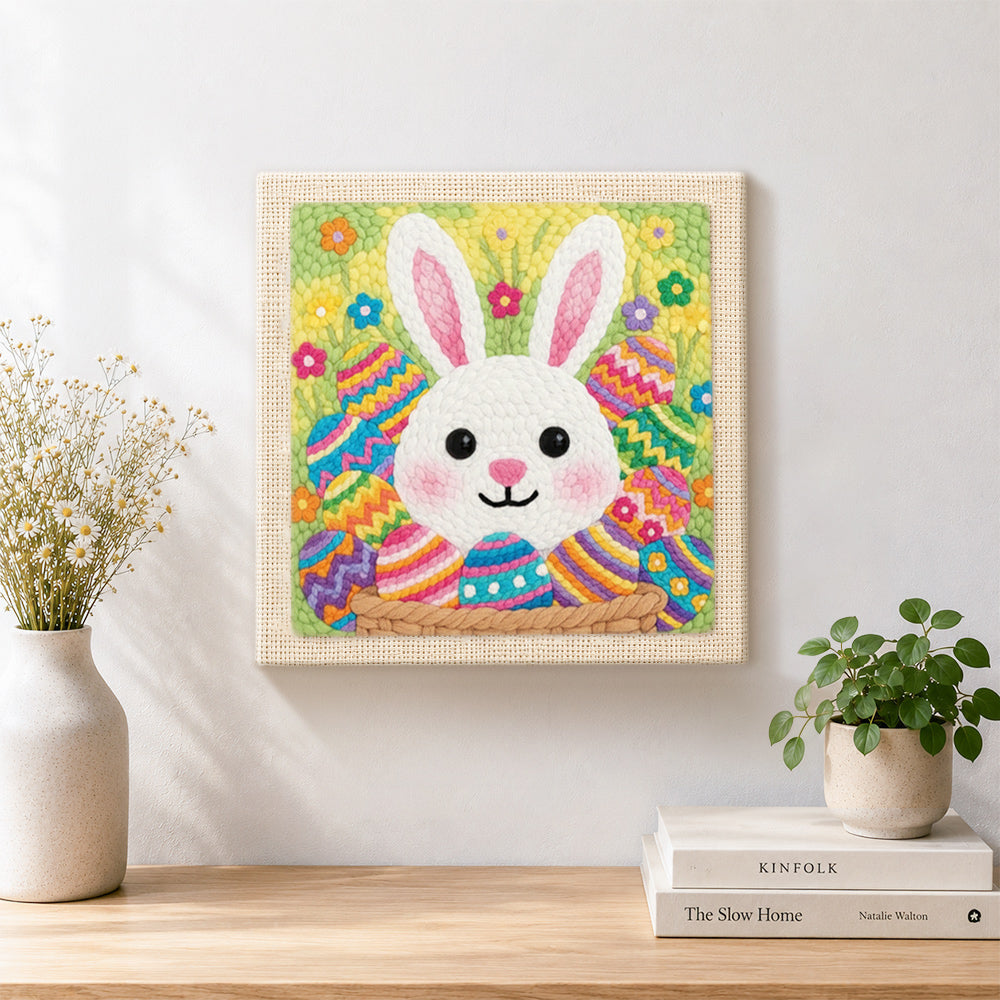 Finished colourful easter egg bunny artwork displayed on a wall