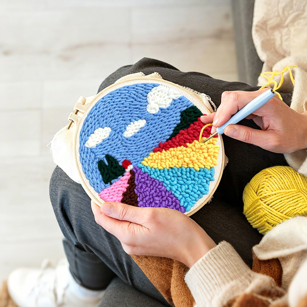 Creating handmade colourful floral field punch needle artwork